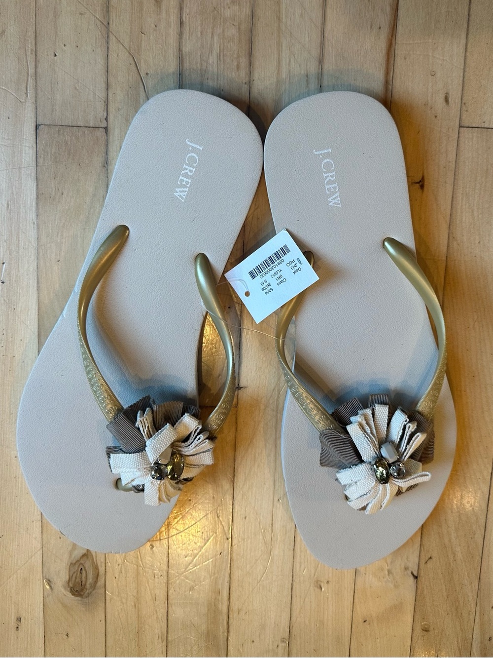 J. Crew Cream Flip Flops with Gold Straps and Floral/Jeweled Embellishment